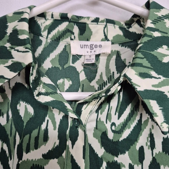 Umgee USA Green Abstract Print Button Down Mini Dress Long Balloon Sleeve Small - Picture 5 of 11
